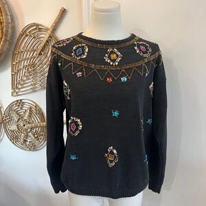 Vintage Beaded Sequin Sweater Boho Festival Jewel Embellished Knit Top S